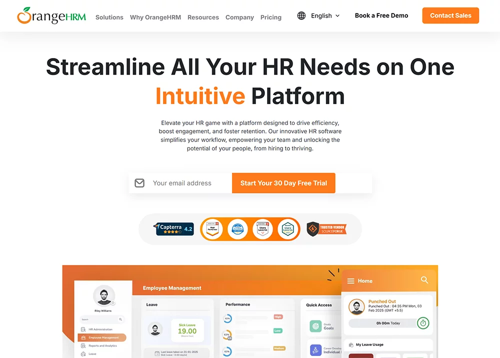 OrangeHRM - screenshot úvodní stránky webu