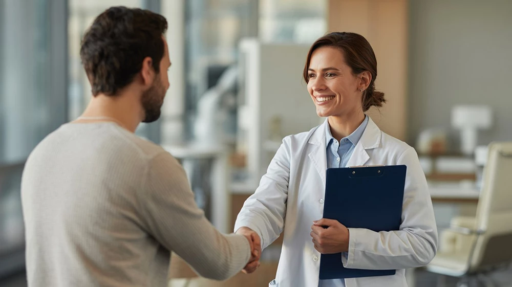 Fotografia dvoch zdraviacich sa kolegov ako príklad pozitívnej zamestnaneckej skúsenosti.