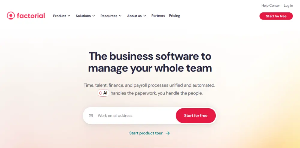 Domovská stránky webu HR nástroja Factorial