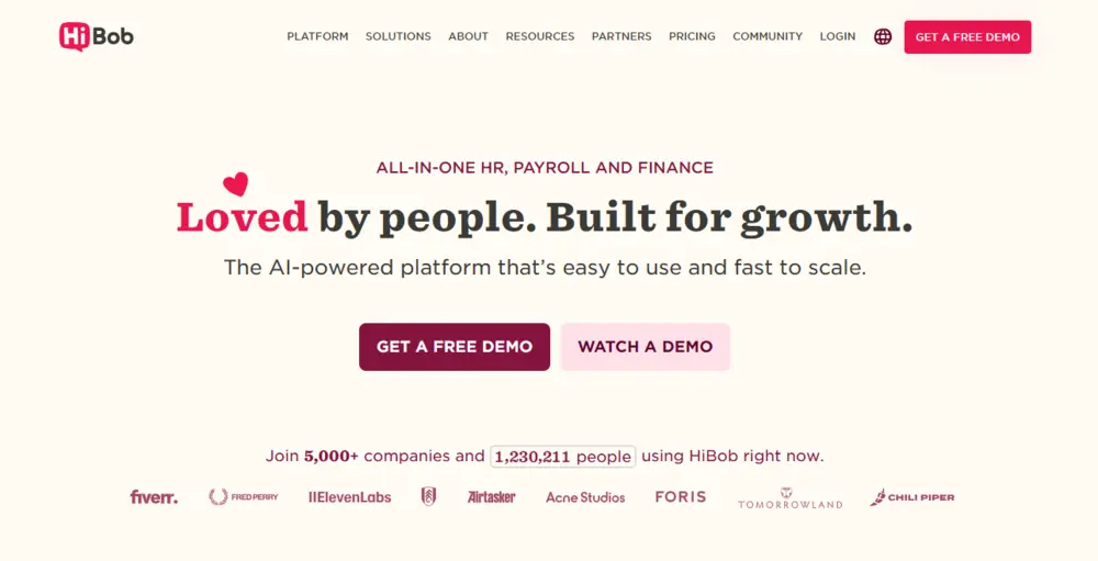 Domovská stránka webu HR nástroje HiBob