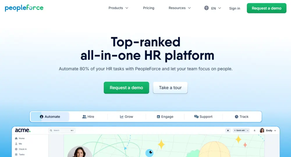 Domovská stránky webu HR nástroja Peopleforce