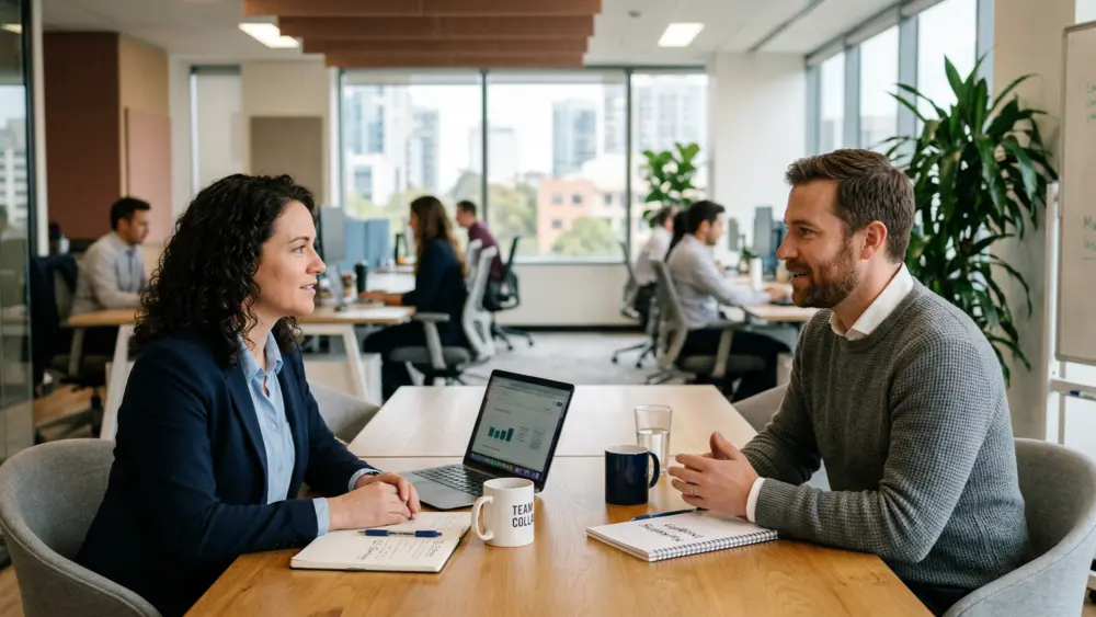 Dve osoby počas stretnutia 1:1 v kancelárii.