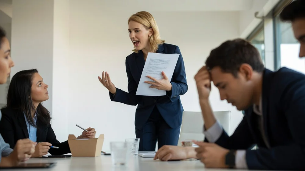 Agresívny manažér kričiaci na svoj tím v kancelárii